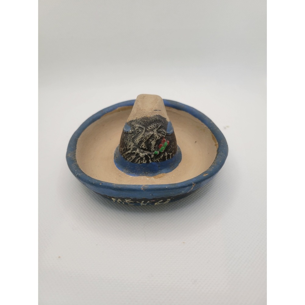 Vintage Mexican Clay Sombrero Ashtray Hand Painted Blue Tan Folk Art Souvenir 4"